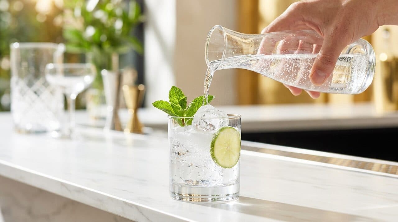 Glas water met limoen aan de bar
